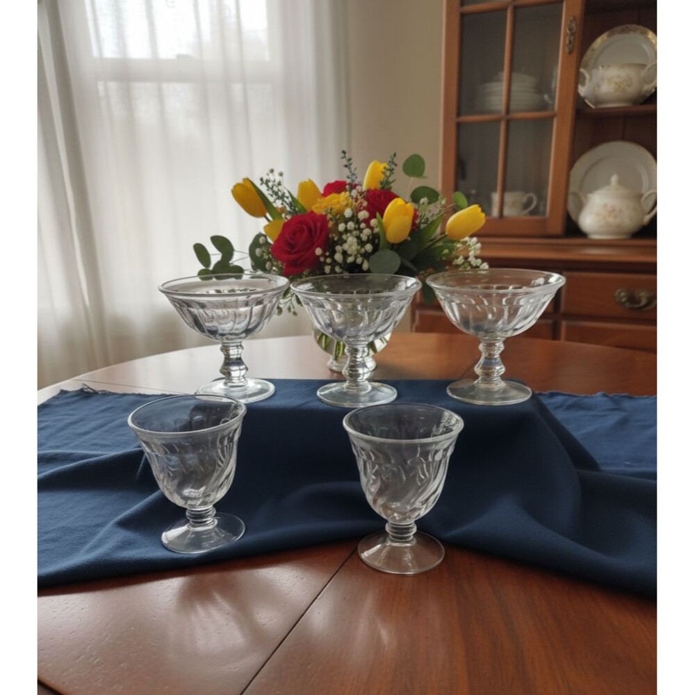 5 Fostoria Colony Swirl Glasses, Sherbet/Dessert Dish, Champagne - 2 sizes -VTG